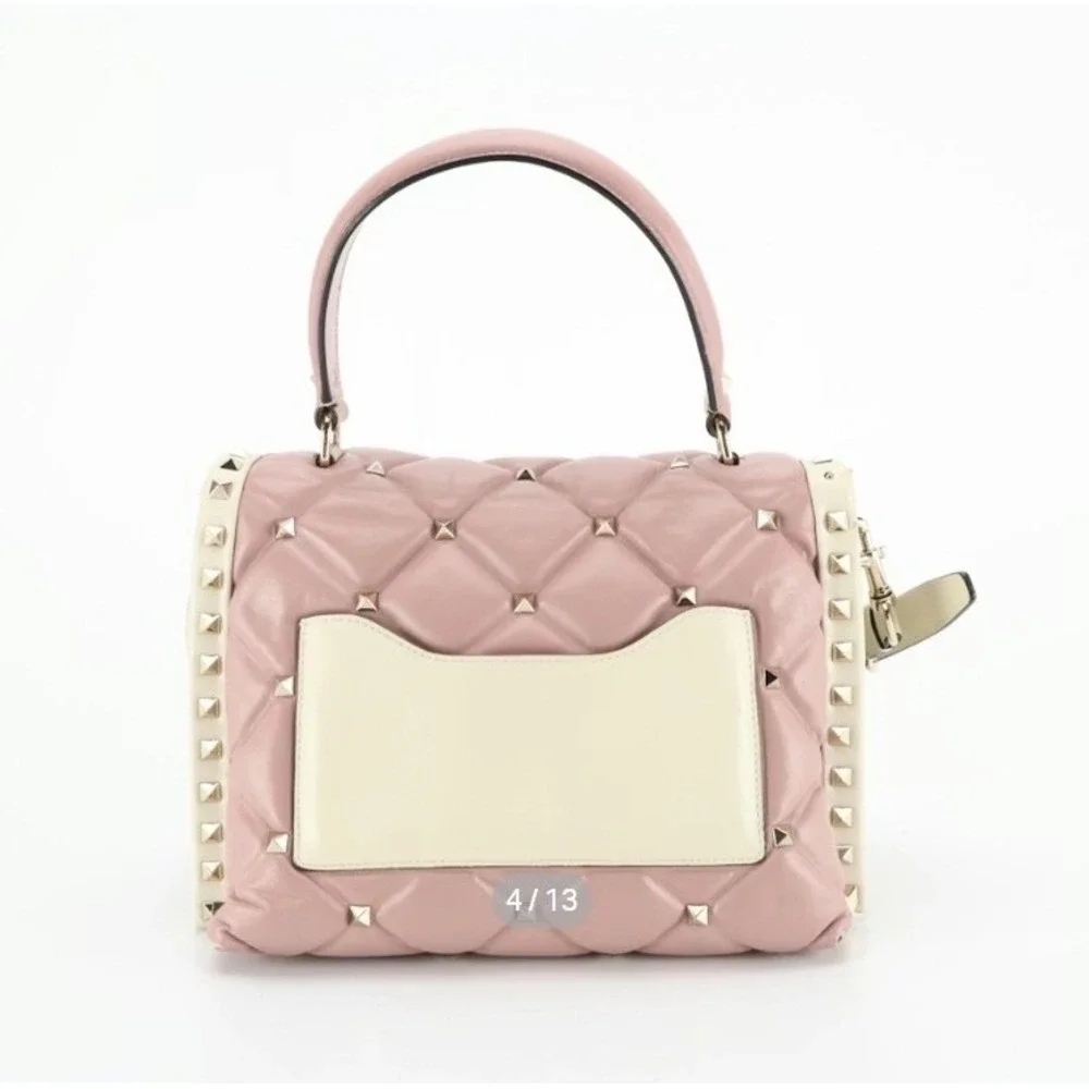 Valentino Garavani Candystud Top Handle Purse Pink Beige Black Leather Studded